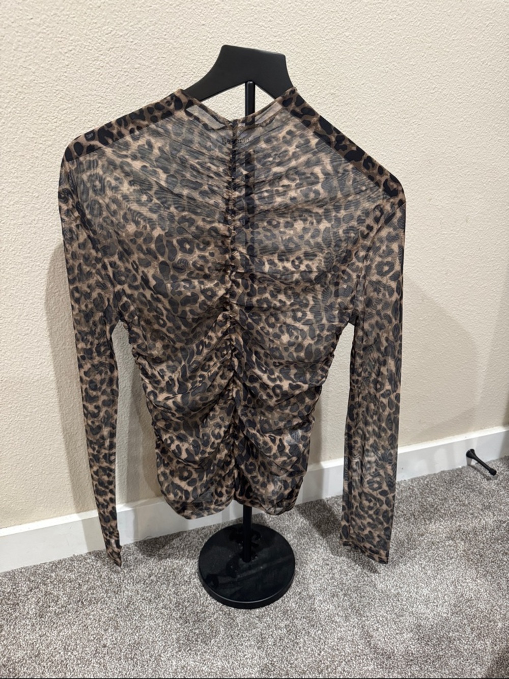Leopard Ruched Long-Sleeve Mesh Top - Brown